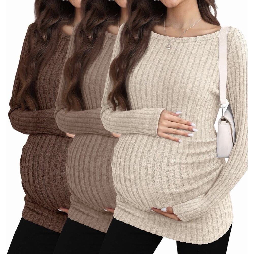 3 Pack Maternity Sweaters Long Sleeve Ribbed Boat Neck Neutral’s M